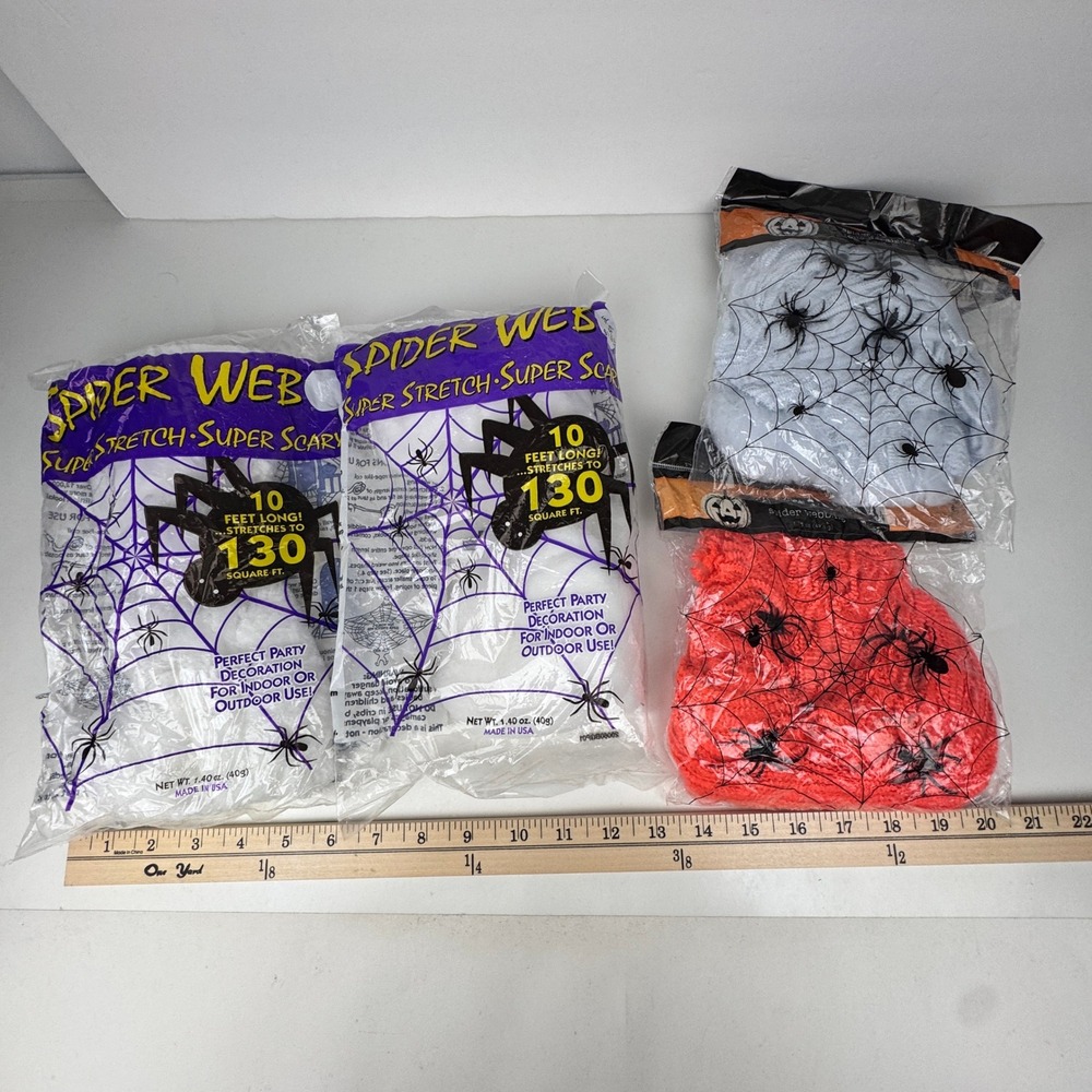 Mixed Lot of 4 Spider Webbing White Orange Some w Spiders Halloween Decor READ